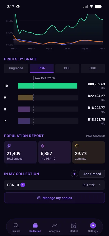 Prices by grade and the PSA population report for a card in the Traderbase app